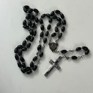 Plastic Black Vtg Catholic Rosary French Necklace Catholic Religious Crucifix